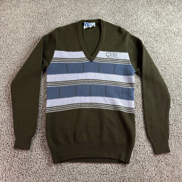 VINTAGE QIE Sweater Mens Extra Small 110 Green Blue Wool V Neck Pullover Casual - Picture 1 of 10